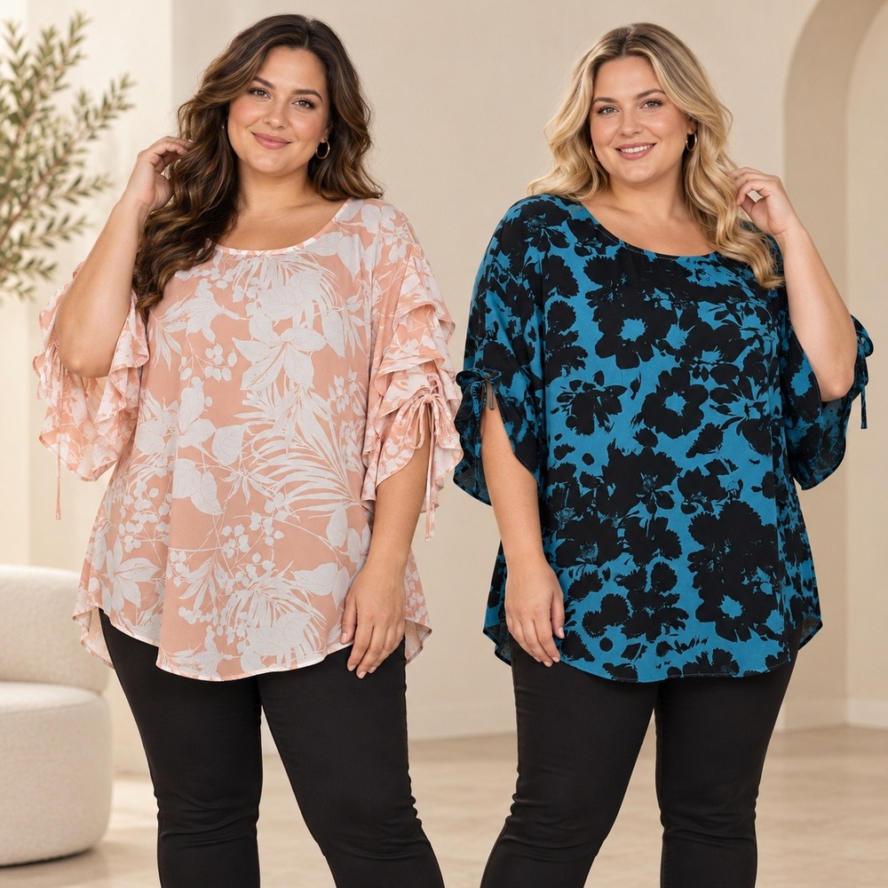 Worthington Woman Plus Size 1X Blouse Set Teal Floral Peach Tropical Ruffle Tops